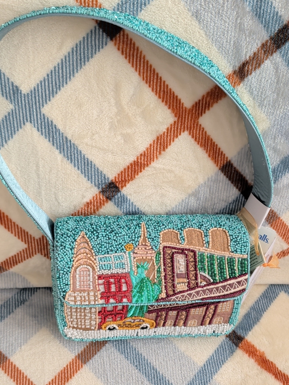 Turquoise Beaded & Sequins New York, Statue Of Liberty Cityscape Shoulder Bag